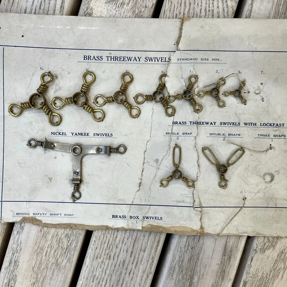 Vtg Fishing Tackle Store Rack Card Brass Threeway Nickel Yankee Swivels AS IS
